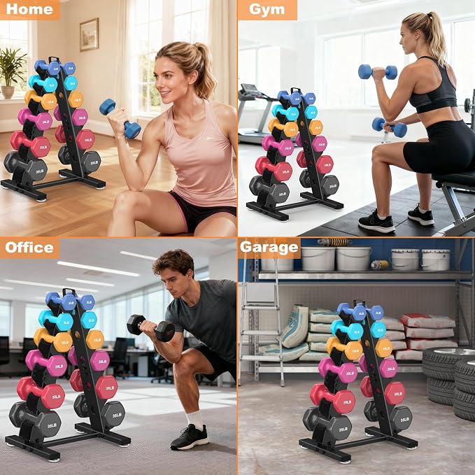 TomCare 6-Tier|5-Tier|4-Tier|2-Tier Dumbbell Rack Stand Only for Home Gym | Stable A-Frame, Fits 5–35 lb Dumbbells, Protective Padded Cradles, Adjustable Feet, Easy-Carry Handle (Stand Only)