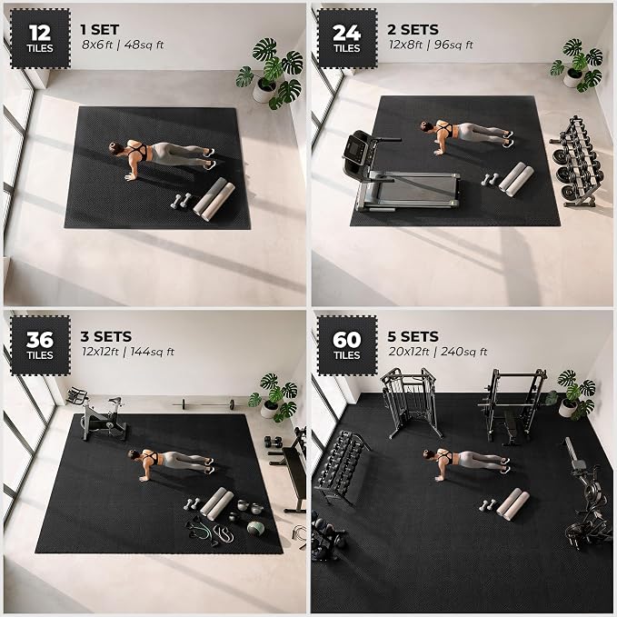bemaxx Gym Mats Set - 48 pcs EVA Interlocking Foam Floor Tiles (24.4"x24.4"x0.4") 192 sqft Protective Gym Flooring Sports Home Workout Exercise Mats Puzzle Garage Fitness Play-Room Pool Treadmill Bike