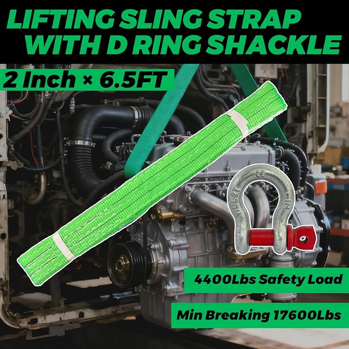 HENBOW Lift Sling Straps|2" × 6.5' Web Sling Strap with D Ring Shackles|4400Lbs Safety Work Load and 17600Lbs Breaking Load| Recovery Strap for Hoist Car Tree Saver Winch Recovery(2 Pack)