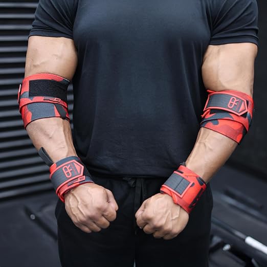 Elbow Wraps for Weightlifting - Heavy Duty Construction, 25% More Elasticity, Reinforced Stitching, Extra Wide Fastener, Easy to Adjust, (Red Camo)