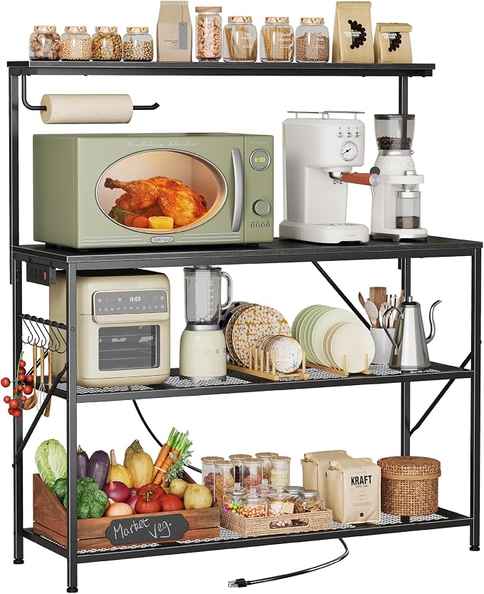 Huuger 4-Tier Bakers Rack with Reversible Power Outlet, 39.4 Inch Microwave Stand, Kitchen Coffee Bar, with Top Shelf, 6 S Hooks, Black