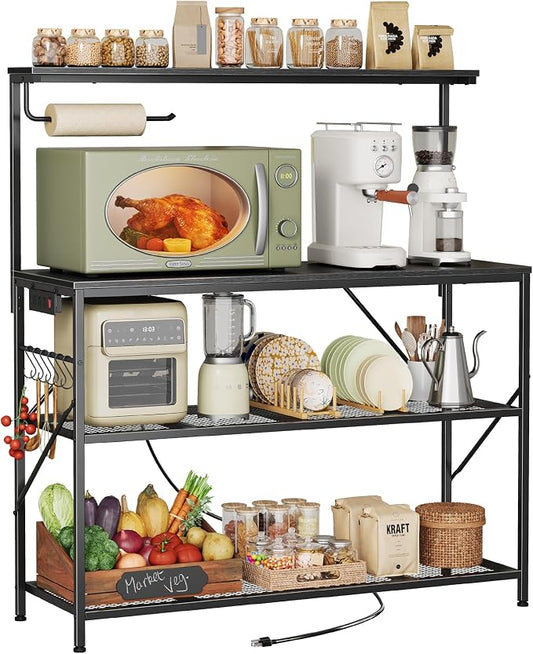 Huuger 4-Tier Bakers Rack with Reversible Power Outlet, 39.4 Inch Microwave Stand, Kitchen Coffee Bar, with Top Shelf, 6 S Hooks, Black