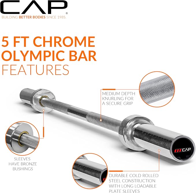 CAP Olympic Barbell - 5FT, 6FT, & 7FT Strength Training Weight Bars, Multiple Options