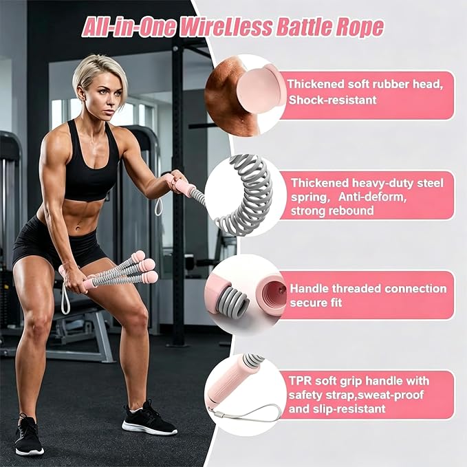 Ropeless Battle Ropes with Wristband, Adjustable Workout Equipment for Home Gym,Cordless Battle Ropes for Full-Body Training,HIIT,Cardio & Muscle Training for Women & Fitness Enthusiasts (Pink)