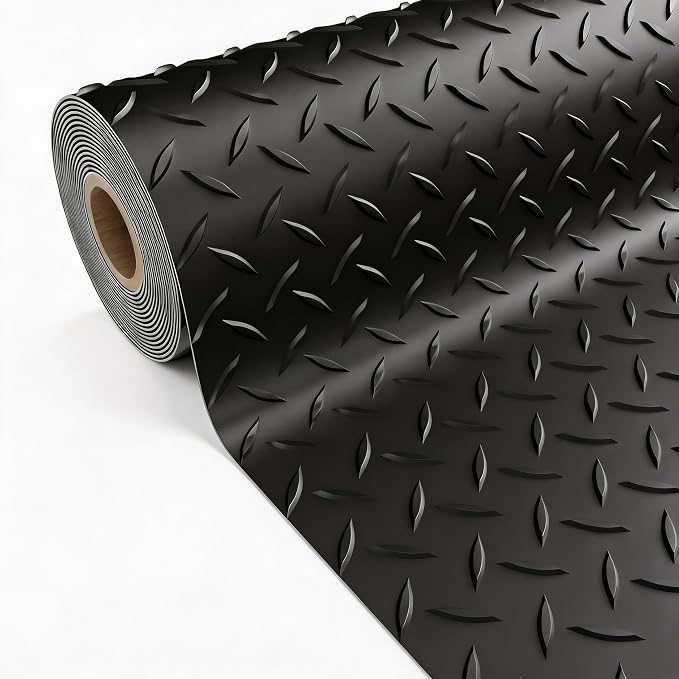 6x20 FT Garage Floor Mat, 2.8mm Thickened Diamond Plate | PVC Flooring Roll for Under Car/Golf Cart/Motorcycle, Garage Mat for Warehouse/Basement/Gyms/Trailer, Tapes Included, Black