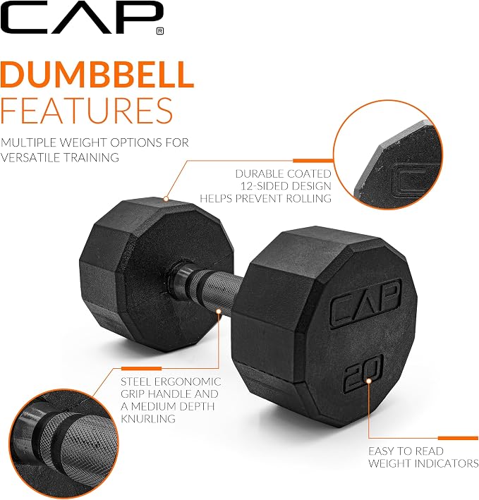 CAP Rubber Coated Hex Dumbbell Set with Storage Rack | 100–210 lb Options, Space-Saving Vertical Compact Storage for Home Gym Strength Training