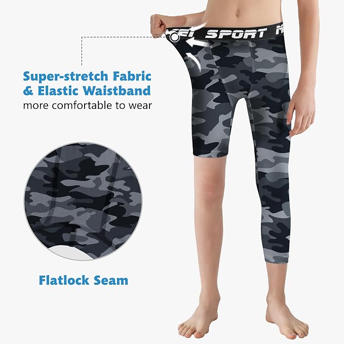 MIVEI One Leg Compression Tights Youth Boys Basketball Leg Sleeve | Kids Compression Pants Girls' Single Leg Tights 3/4 Leggings for Baseball Softball Soccer Running Football, Sports Base Layer