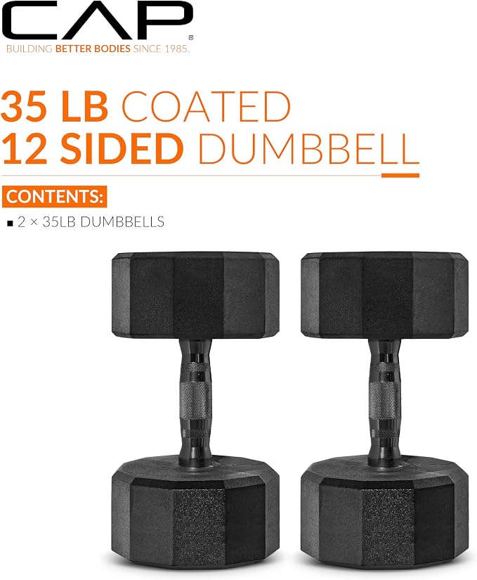 CAP Rubber Coated Dumbbell Weights, Free Weights for Home Gym Strength Training, Anti-Roll Hex Dumbbells with Black, Chrome & Comfort Grip Handles, Pairs & Sets