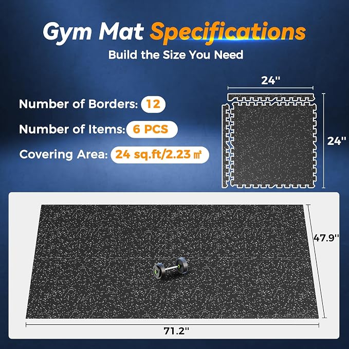 SUPERJARE 1" Extra-Thick Rubber Top Exercise Mat, Puzzle Gym Flooring for Home Gym, Gym Mat for Workout Equipment, Interlocking Floor Tiles with EVA Foam, 6 Pcs 24 Sq Ft, Black/Grey