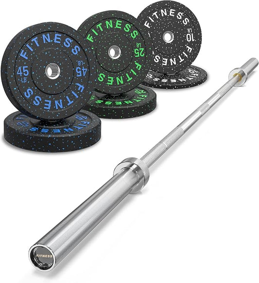 HANDBODE Olympic Barbell Set, 2-Inch Bumper Plates with Weight Plate Rack | Colored Crumb Rubber Weight Plates for Weight Lifting & Strength Training, 90–530 lb Set with 45 LB (20 kg) Olympic Barbell