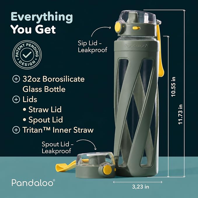 Pandaloo® Orbit 32 oz Glass Water Bottle with 2 Leak-Proof Lids (Straw & Spout), Wide Mouth, Borosilicate Glass, BPA-Free, Cup Holder Friendly for Gym, Work, Travel & Daily Hydration– Olive