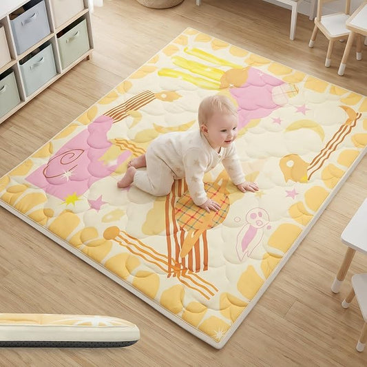 1.6" Thick Baby Play Mat, 71x59 Removable & Machine Washable Cover | Padded Memory Foam, Non-Slip Backing, 100% Baby-Safe Materials, Tummy Time Crawling, Outdoor, Bedroom, Living Room, Nursery