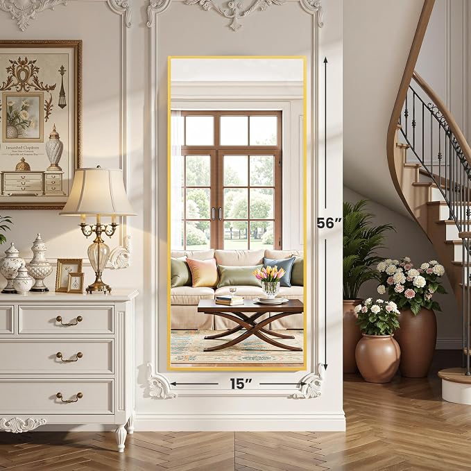OLIXIS Gold Full Length Mirror for Bedroom, 56"x15" Full Body Mirror | with Stand, Hanging or Leaning for Wall, Aluminum Alloy Thin Frame Floor Standing for Living Room, Long