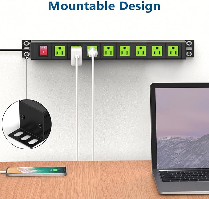 Metal 8 Outlet Mountable Power Strip, Wall Mount Outlet Power Strips Heavy Duty, Commercial Shop Power Strip with Switch, 15A 125V 1875W, 300J (Green 6FT)