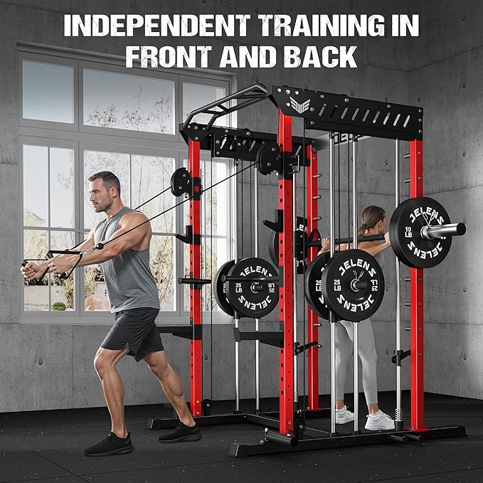 JELENS M21 Smith Machine, Multi-Function Power Cage with Dual Pulley Cable Crossover System, 2000LBS All-in-One Squat Rack with Smith Bar and Attachments for Home Gym