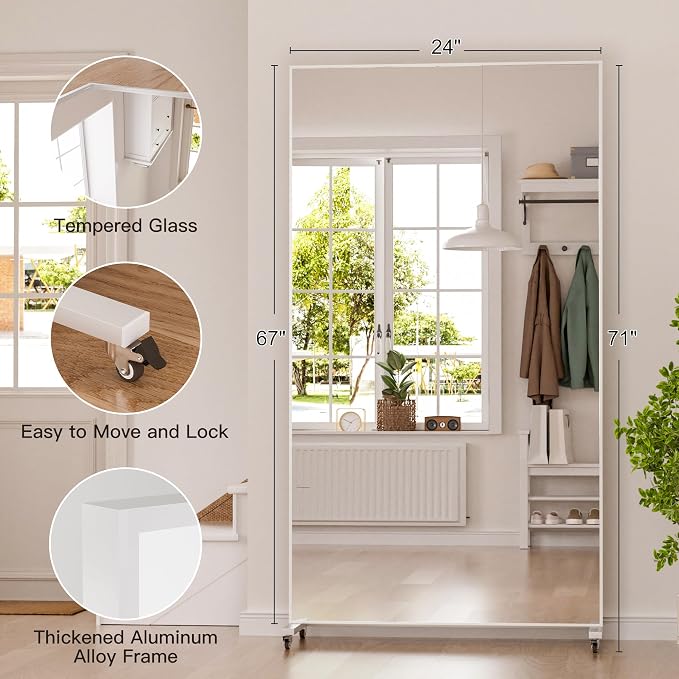 Large Rolling Mirror 71" x 40" Shatterproof Tempered Glass Easy to Move Full-Length Mirror for Gym/Dance Studio/Yoga Room/Home, White