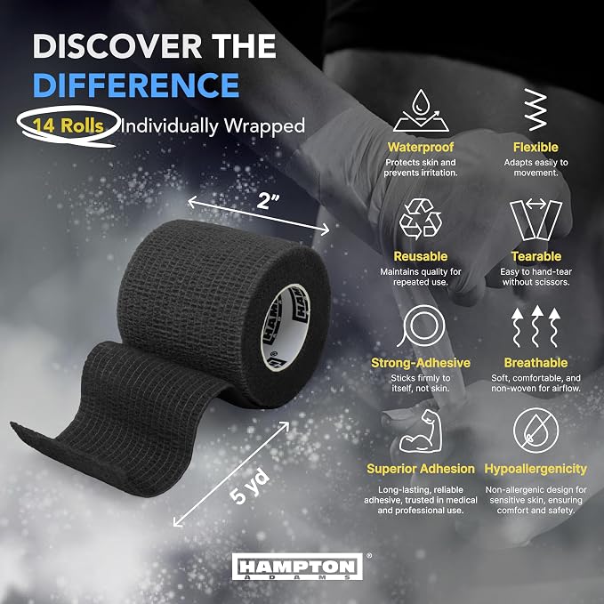 Hampton Adams | As Seen on Shark Tank | Self Adhesive Bandage Wrap (14-Pack) | 15ft | Pet Safe | Breathable Athletic Elastic Cohesive Bandage for Sports Injury Ankle Knee Wrist sprains (Black)