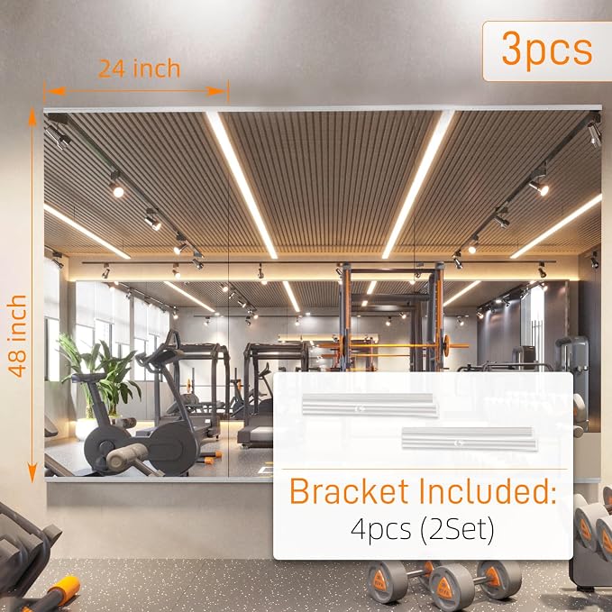 pertetey Home Gym Mirror, 48X24 Inch(Each)-3Pack Wall Mounted Large Frameless Tempered Glass Mirror, Idea for Gym, Yoga, Bedroom, Dance Studio, Living Room