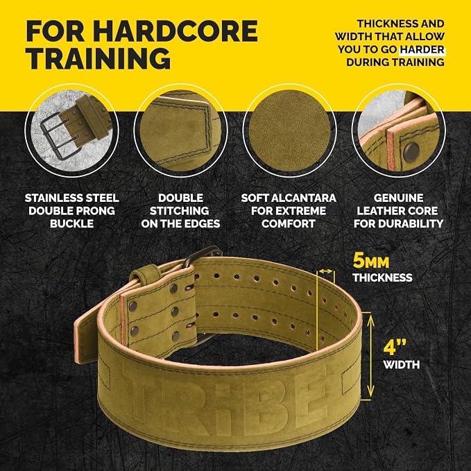 5mm Genuine Leather Weight Lifting Belt for Squats and Deadlifts | 4-inch lumbar support, two-prong buckle, double-layer construction, comfortable adjustable fit for heavy lifts