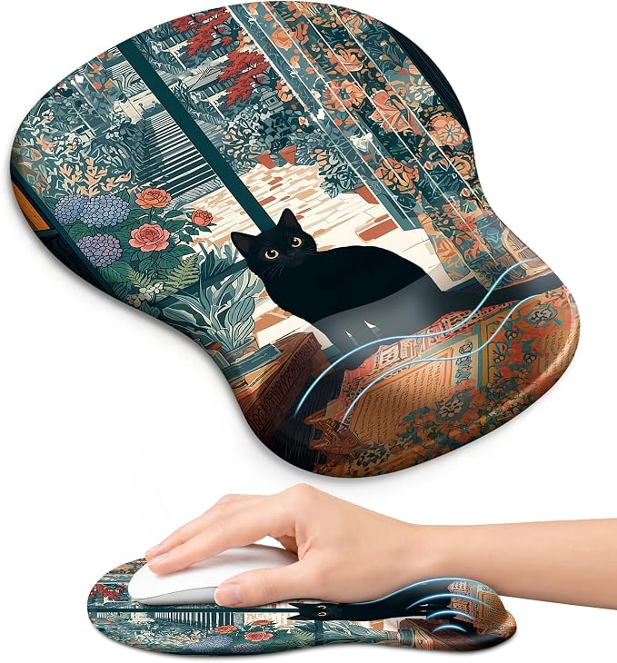 Ergonomic Mouse Pad with Wrist Rest, Gel Wrist Support, Cozy Cat | 10.2 x 7.6 in Mouse Pad with Smooth Fabric Surface and Non-Slip Rubber Base for Office, Home, Study, and Gaming