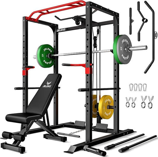 JELENS S11 Power Cage, 2000LB Multi-Function Power Rack with LAT Pulldown, Squat Rack with Adjustable Pulley System and Training Attachments, Weight Rack for Home Gym