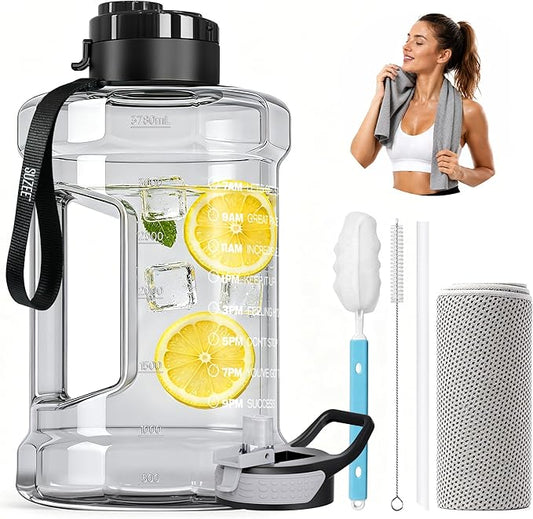 1 Gallon Water Bottle, Water Jug with Time Marker & Straw & Handle,2 Lids | BPA Free,Gallon Water Jug, Half Gallon water Bottle for Sport Gym Camping Workout Outdoors Yoga (Clear Black)