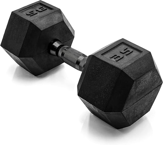 CAP Rubber Coated Dumbbell Weights, Free Weights for Home Gym Strength Training, Anti-Roll Hex Dumbbells with Black, Chrome & Comfort Grip Handles, Singles