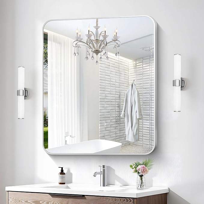 BONEWEI Silver Bathroom Mirror,30x36 inch Wall Mirror for Bathroom Wall Mounted,Rectangle Mirror for Bathroom Over Sink,Modern Frame Round Corner for Living Room,Bedroom Entryway,Horizontal/Vertical