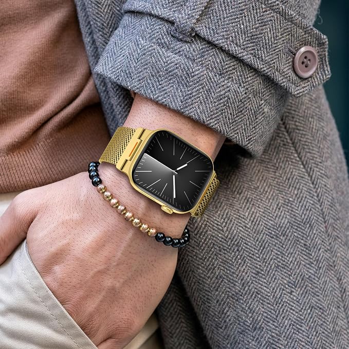 Bands Compatible with Apple Watch Ultra 3/2/1 Band 49/46/45/44mm | Milanese Loop Magnetic Stainless Steel Strap for iWatch Ultra SE 3/2/1 Series 11 10 9 8 7 6 5 4 3 2 1 Men, Gold