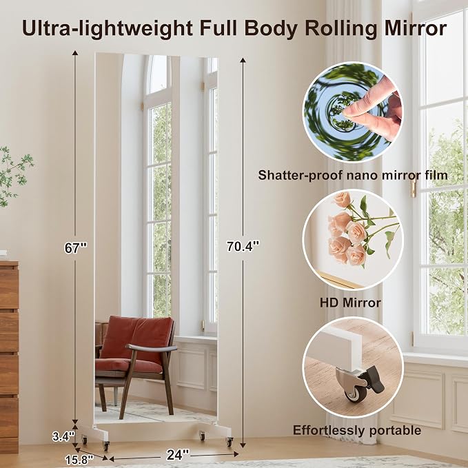brisafe 67"x24" Ultra-Light Mobile Floor Mirror with 360° Wheels, 0.04mm Shatterproof Nano Film for Home Gym/Yoga/Dance Studio & Commercial Use | 60% Insurance Savings | White