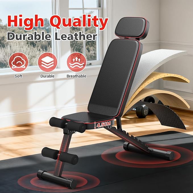 XDDIAS Workout Bench, 10 Backrests Adjustable Weight Bench with Extended Headrest, 800LBS Foldable Weight Bench for Home Gym, Incline Decline Flat Bench Compact for Small Space Training