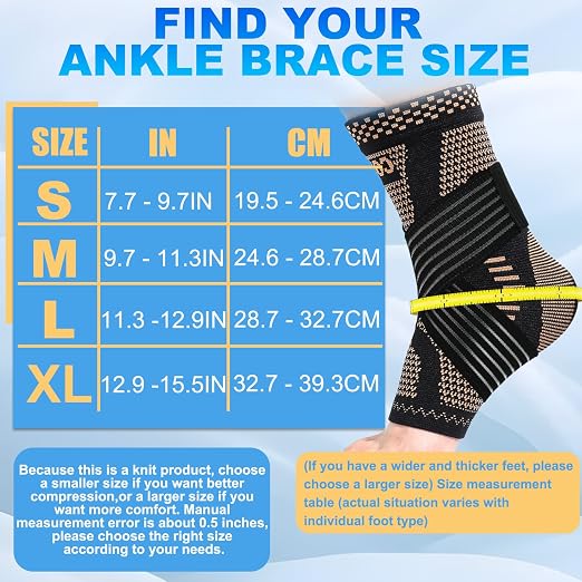 LISEPWU Copper Ankle Brace for Men & Women, Adjustable Compression Bandage | Ankle Compression Sleeve, for Foot Pain, Plantar Fasciitis, Sprained, Achilles Tendonitis, Sports Protection(Black L)
