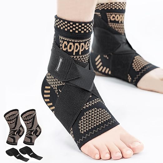 INDEEMAX Ankle Brace for Sprained Ankle Compression Sleeve, 2 Pack Copper Infused Ankle Support Brace for Women & Men, Plantar Fasciitis Relief Achilles Tendonitis, Sports Running, Copper Black, XL