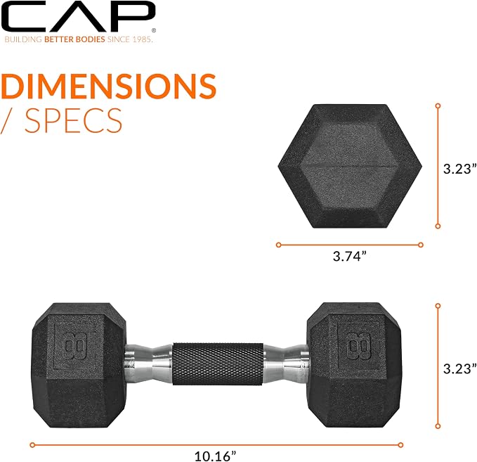 CAP Rubber Coated Dumbbell Weights, Free Weights for Home Gym Strength Training, Anti-Roll Hex Dumbbells with Black, Chrome & Comfort Grip Handles, Pairs & Sets