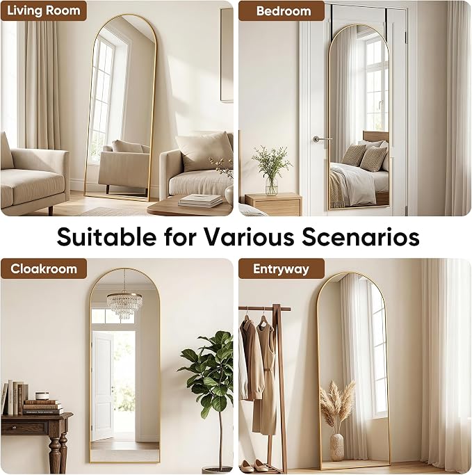 58"x20" Over The Door Mirror, Arched Full Length Mirror with Aluminum Frame, Adjustable Hooks, Wall Mounted or Standing for Bedroom Living Room, Gold