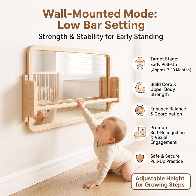 Woodtoe 3-in-1 Montessori Mirror with Bar, Adjustable Tummy Time Mirror 6M+ | Toddler Mirror & Pull Up Bar, Montessori Learning Toy for Baby 6-18 Months, Nursery Mirrors, Natural Wood Kids Furniture