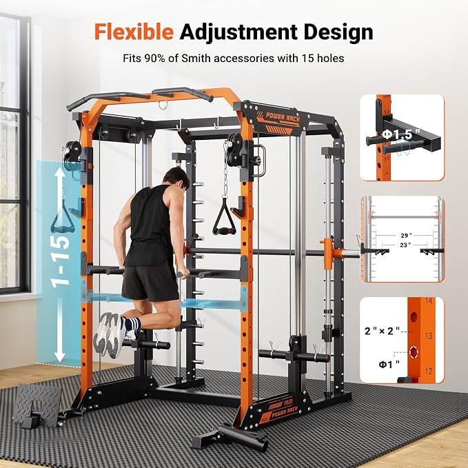 YOLEO Smith Machine & Squat Rack Combo, Multi-Functional Power Racks with Adjustable Width & Pull-Up Bar, Cable Crossover Power Cage, Independent Dual-Pulley System for Home Gym Garage Basement