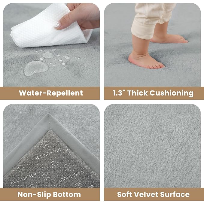 ACOMOPACK Baby Play Mat for Floor 1.3" Thick Memory Foam Play Mat 39"×59" Tummy Time Crawling with Non-Slip Bottom for Living Room,Nursery,Soft Velvet Playpen Mats for Kids,Infants（Light Grey）