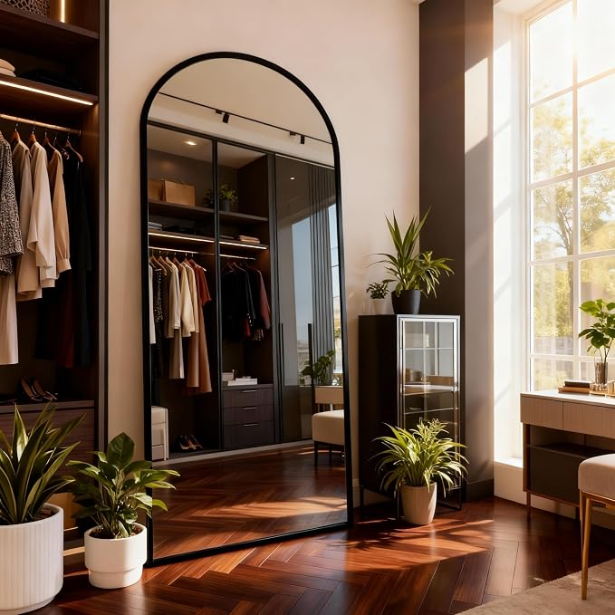 Arched Full Length Mirror 71"x32" Black | Aluminum Frame Shatterproof Glass, Freestanding Leaning Wall Mounted Mirror for Bedroom Living Room Entryway, Modern