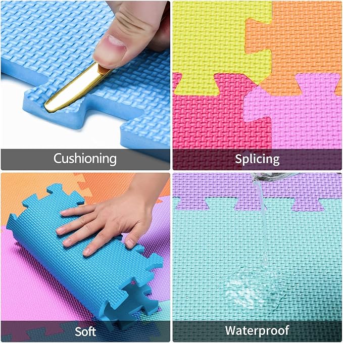 qqpp EVA Rubber 18 Tiles Interlocking Puzzle Foam Floor Mats - Baby Play Mat for Playing | Exercise Mat for Home Workout. White, Pink, Purple. QC-ACKb18N