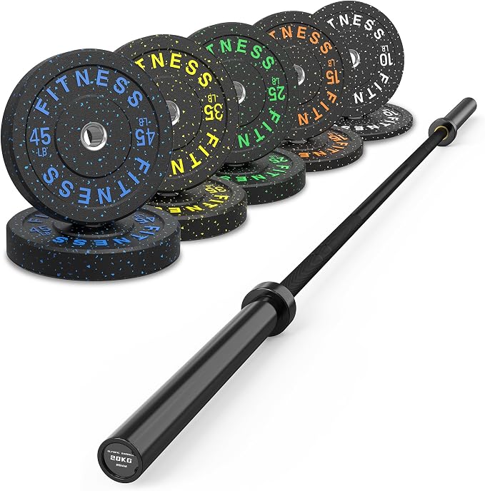 HANDBODE Olympic Barbell Set, 2-Inch Bumper Plates with Weight Plate Rack | Colored Crumb Rubber Weight Plates for Weight Lifting & Strength Training, 90–530 lb Set with 45 LB (20 kg) Olympic Barbell