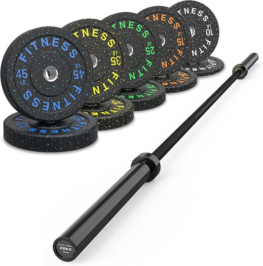 HANDBODE Olympic Barbell Set, 2-Inch Bumper Plates with Weight Plate Rack | Colored Crumb Rubber Weight Plates for Weight Lifting & Strength Training, 90–530 lb Set with 45 LB (20 kg) Olympic Barbell