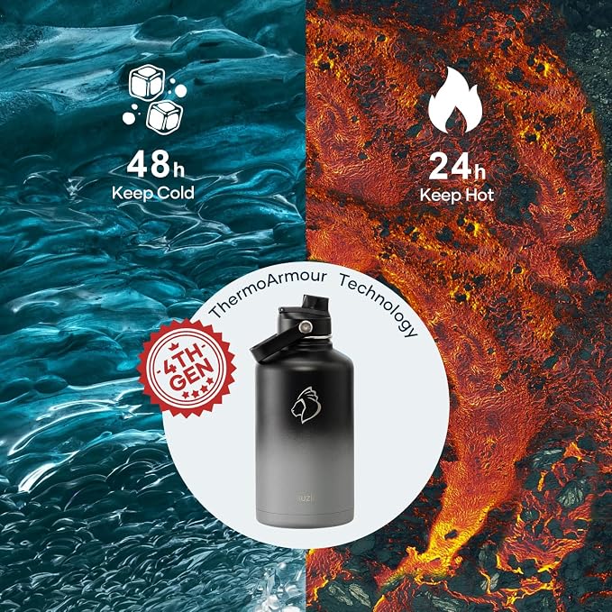 Insulated Water Bottle 64 oz with Straw Lid and Flex Lid, BUZIO 64oz Stainless Steel Water Bottle Half Gallon Jug Flask, Double Wall Vacuum Sports Thermo Mug, Cold Hot Hydro Metal Canteen | Half Gallon Water Jug (Dishwasher Safe), Cold for 48 Hrs, Trip...