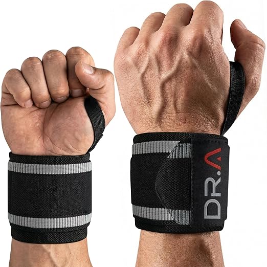 Dr. Arthritis Weight Lifting Wrist Wraps with Thumb Loop, Heavy-Duty Wrist Straps for Weightlifting, Hybrid Training, Olympic Lifts & Calisthenics, Non-Slip Gym Wraps for Men & Women (Black-Grey Stripes)