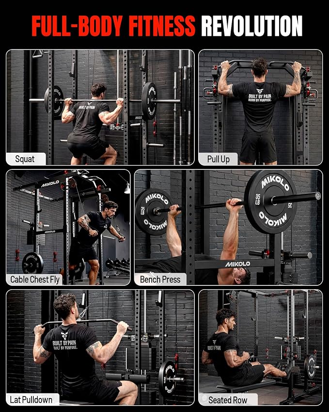 Mikolo K6 2.0 Power Cage, Power Rack with Cable Crossover System, 2000LBS Squat Rack with LAT Pull Down System, Functional Trainer with Aluminum Pulley System for Home Gym