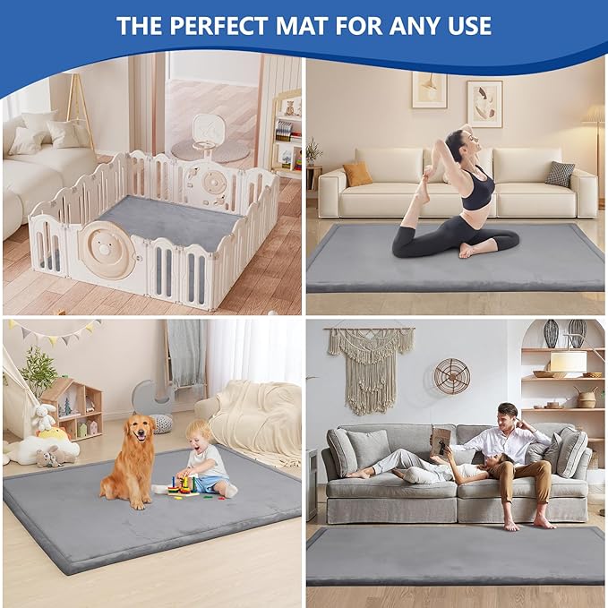 Huloo Sleep Baby Play Mat for Floor,1.3" Thick Memory foam Tummy Time Mat,Soft Coral Velvet Nursery Rug,Extra Large Non Slip Crawling Mats for Living Room(Dark Gray)
