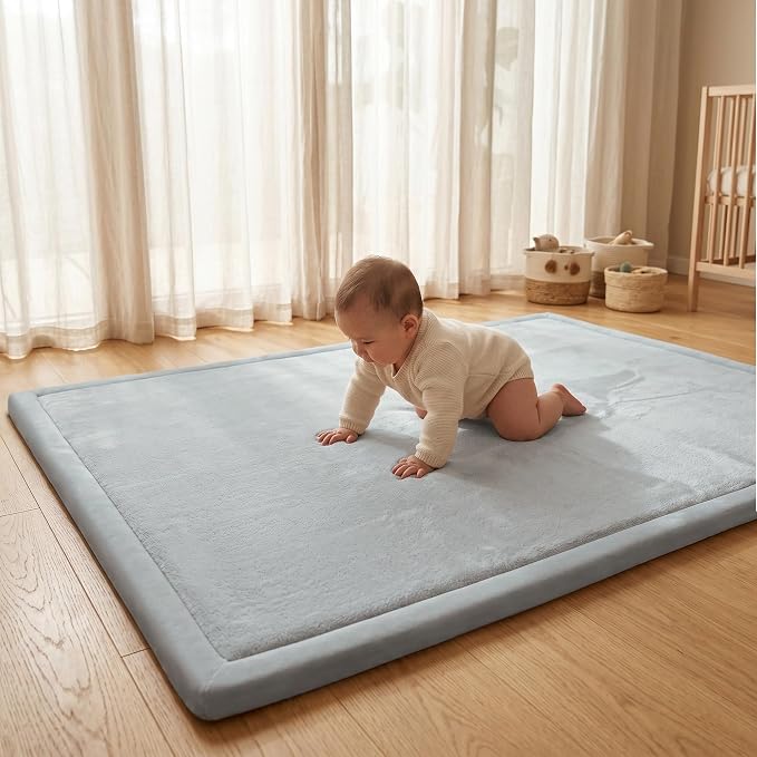 ACOMOPACK Baby Play Mat for Floor 1.3" Thick Memory Foam Play Mat 79"×157 Tummy Time Crawling with Non-slip Bottom for Living Room,Nursery,Soft Velvet Playpen Mats for Kids,Infants（Light Grey）