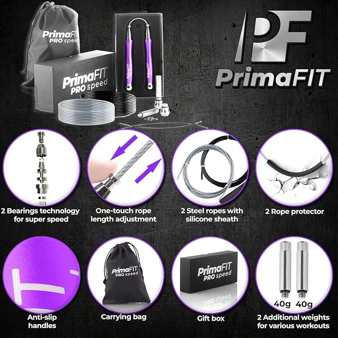 PrimaFIT Pro Speed Jump Rope for Adults, Weighted Skipping Rope for Boxing | Adjustable Jumping Rope for Fitness Workout & CrossFit Exercise, Double Unders, Handle Weights, 3m Cables 2 Protectors, Bag