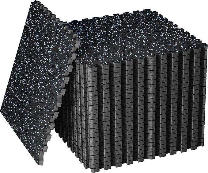 SUPERJARE 30" x 30" Larger Rubber Top Exercise Equipment Mats, 0.56" Thick 24PCS 150 Sq Ft High-Density EVA Foam Interlocking Gym Flooring, Big Workout Mat for Home Gym, Floor Protection, Black/Blue