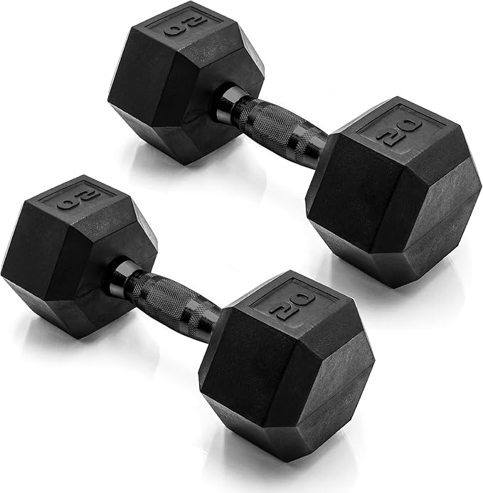 CAP Rubber Coated Dumbbell Weights, Free Weights for Home Gym Strength Training, Anti-Roll Hex Dumbbells with Black, Chrome & Comfort Grip Handles, Pairs & Sets